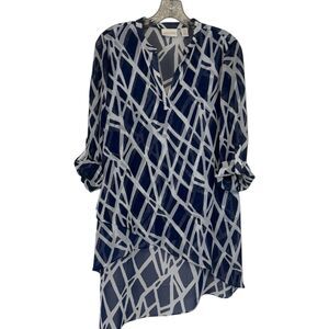Chico’s Sheer Asymmetrical Blouse Long Sleeve with Roll Up Option Navy and White